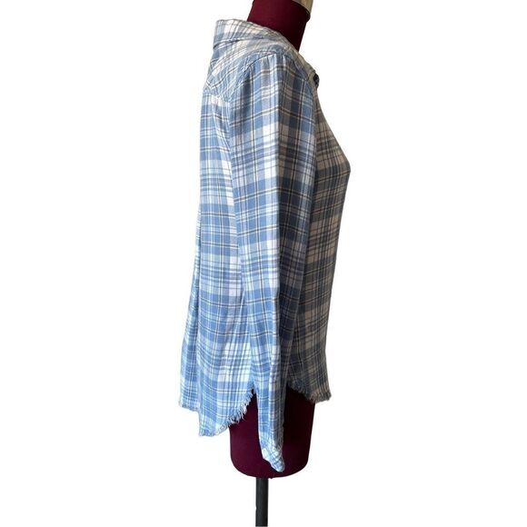Anthropologie Cloth & Stone Woman’s Blue Plaid Flannel Shirt Button Front Fringe - Picture 6 of 7